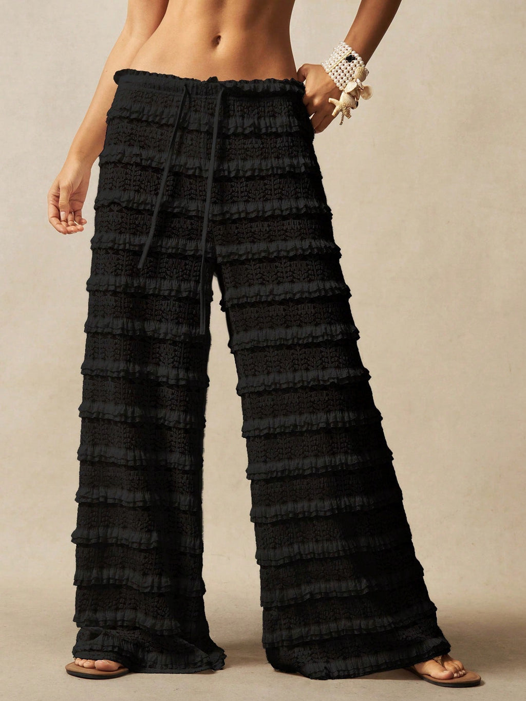 Women's Lace Jacquard Wide-Leg Pants – Hollow-Out Ruffle Patchwork Tie-Up Boho Trousers