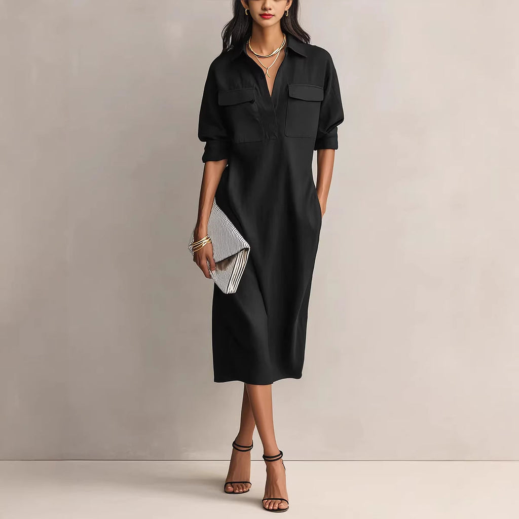 Women's Solid Color Pleated A-Line Midi Dress | Elegant Office Casual Shirt Collar Dress