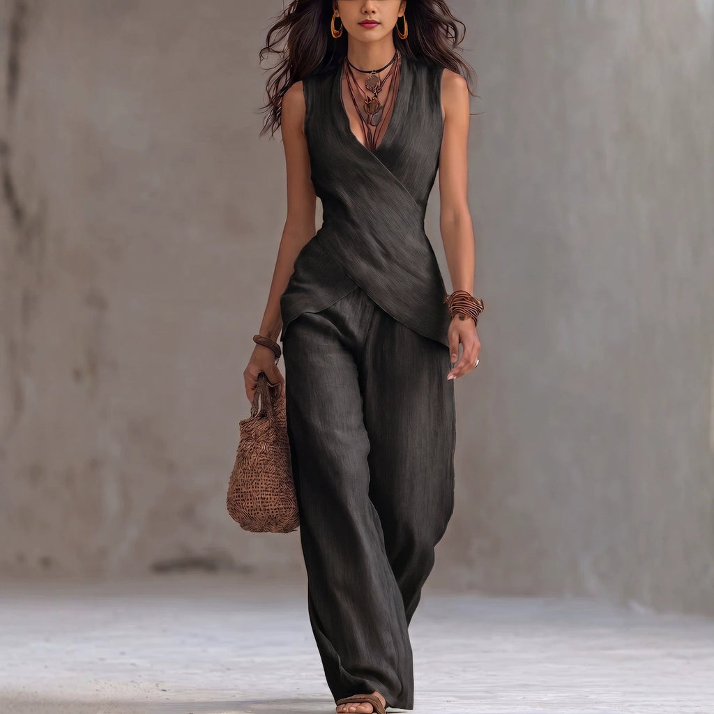 V-Neck Sleeveless Waist-Cinched Top & Wide Leg Pants Two-Piece Set