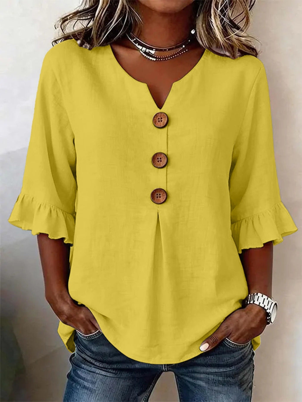 Women's Cotton Linen V-Neck Button-Up Blouse — Summer Casual Top