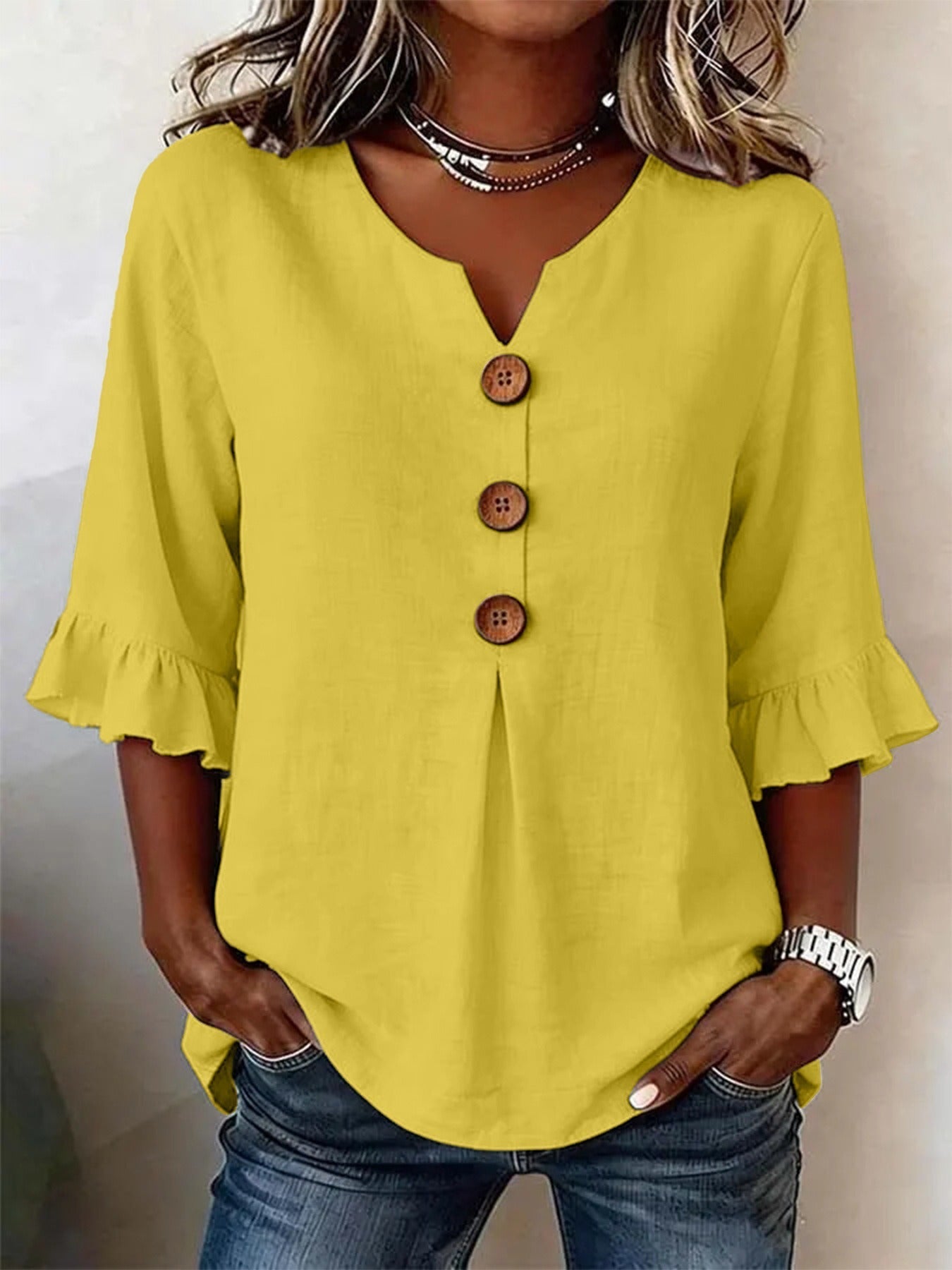 Women's Cotton Linen V-Neck Button-Up Blouse — Summer Casual Top