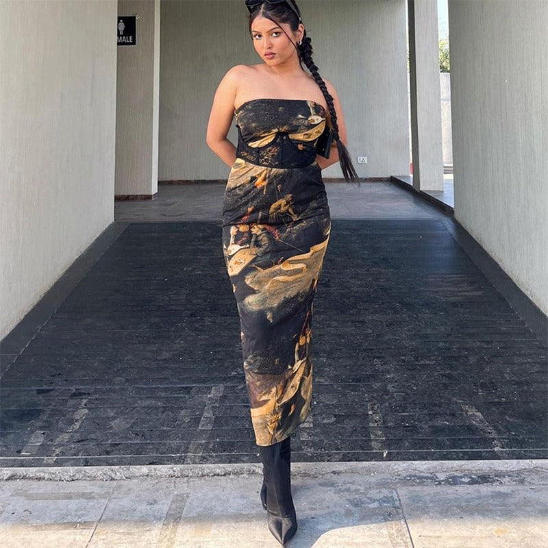 🌞 Summer Strapless Printed Tube Dress – Slim Fit Bodycon Mini