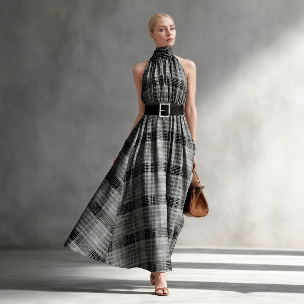 Sleeveless Plaid High Waist Lace-Up A-Line Maxi Dress for Women – Black & White Check