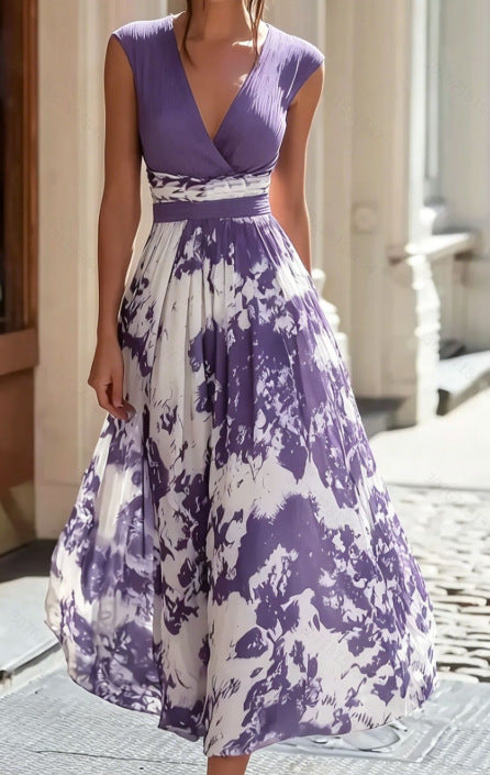 Women's Elegant Sleeveless Deep V-Neck Printed Maxi Dress with Irregular Hem