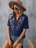 Women's Floral Embroidered Notched V-Neck T-Shirt – Short Sleeve Boho Lace Trim Top