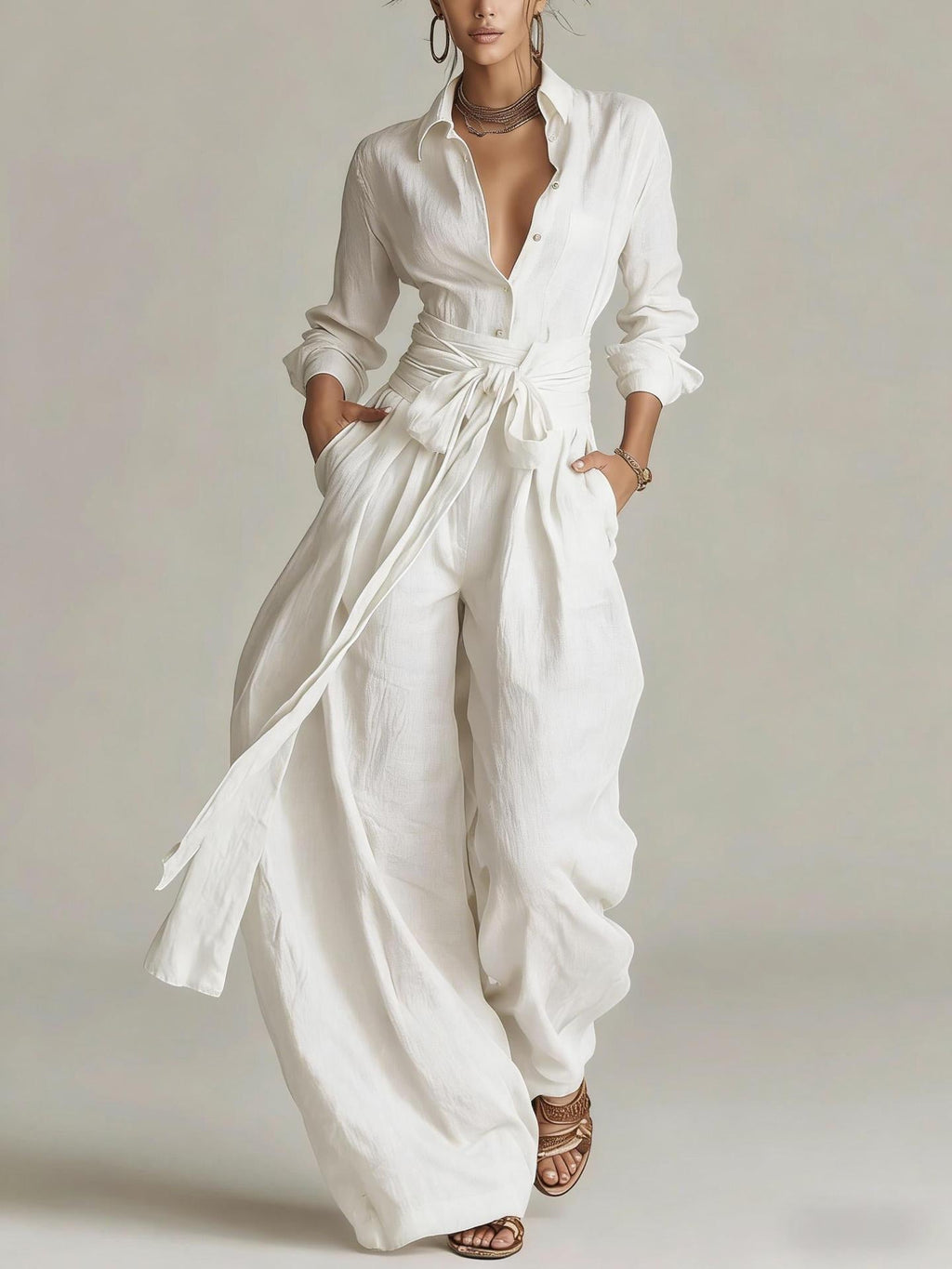 Women's Collar Long Sleeve Top & High-Waist Pants Two-Piece Set – 5 Colors
