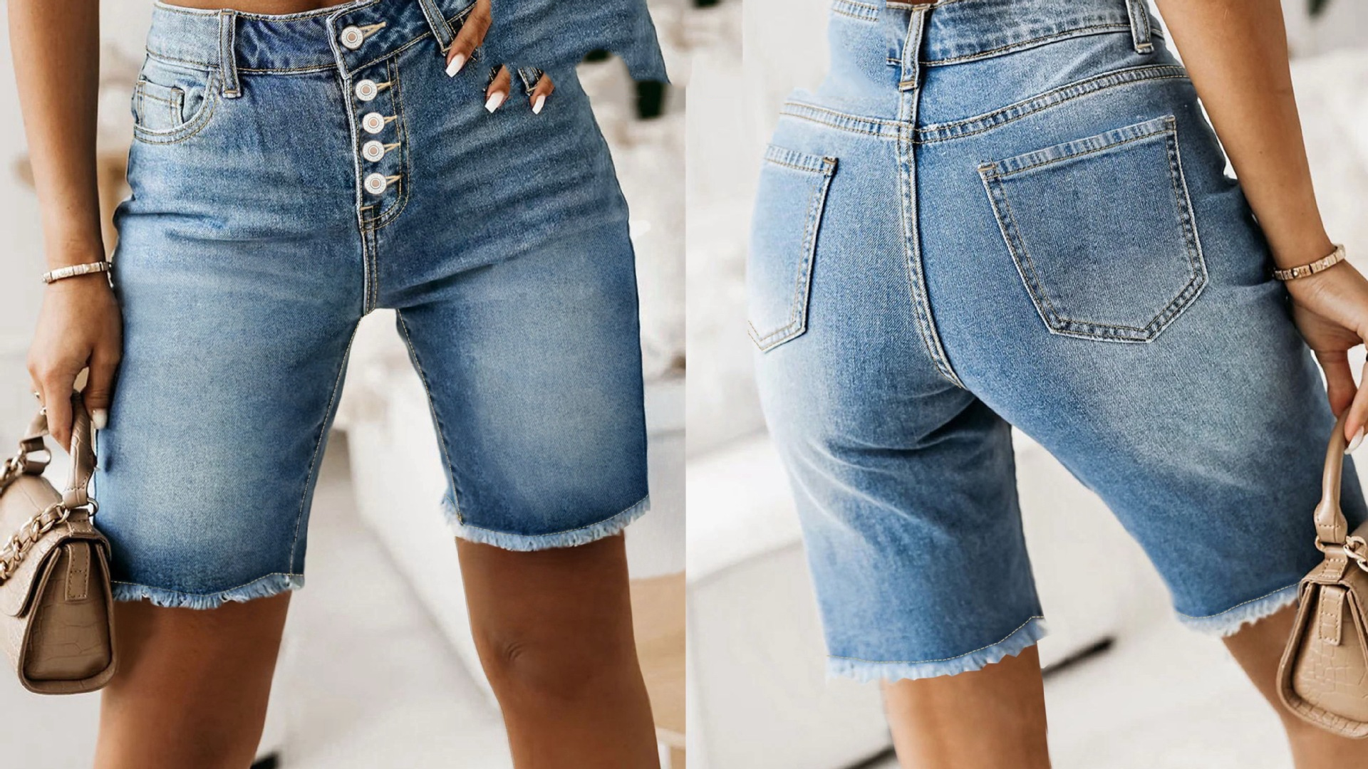 Women’s Cotton Denim Shorts – Mid-Length Frayed Hem Distressed