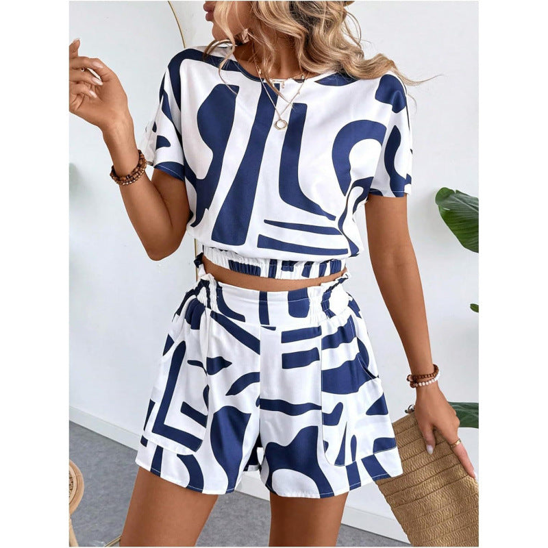 Printed Casual Two-Piece Set – Short Sleeve Top & Shorts