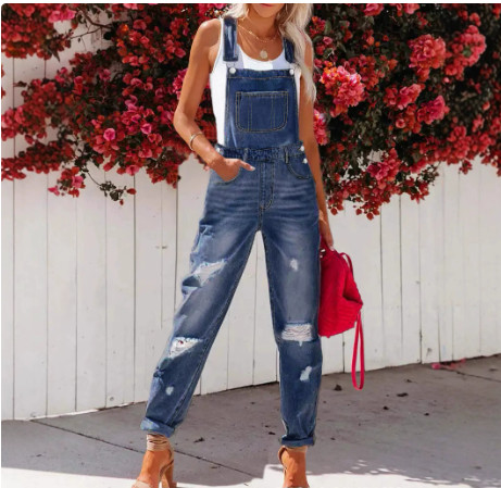 Women's Cropped Ripped Denim Overalls – Streetwear Strap Bib Jeans