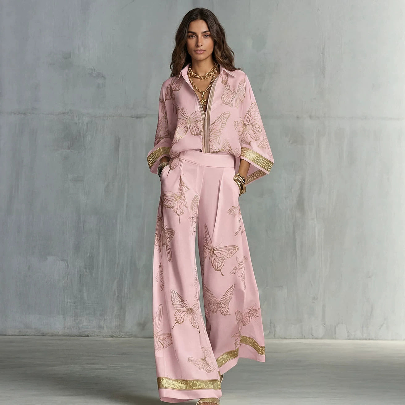 Women's Deep V-Neck Zipper Top & Wide Leg Pants Two-Piece Set