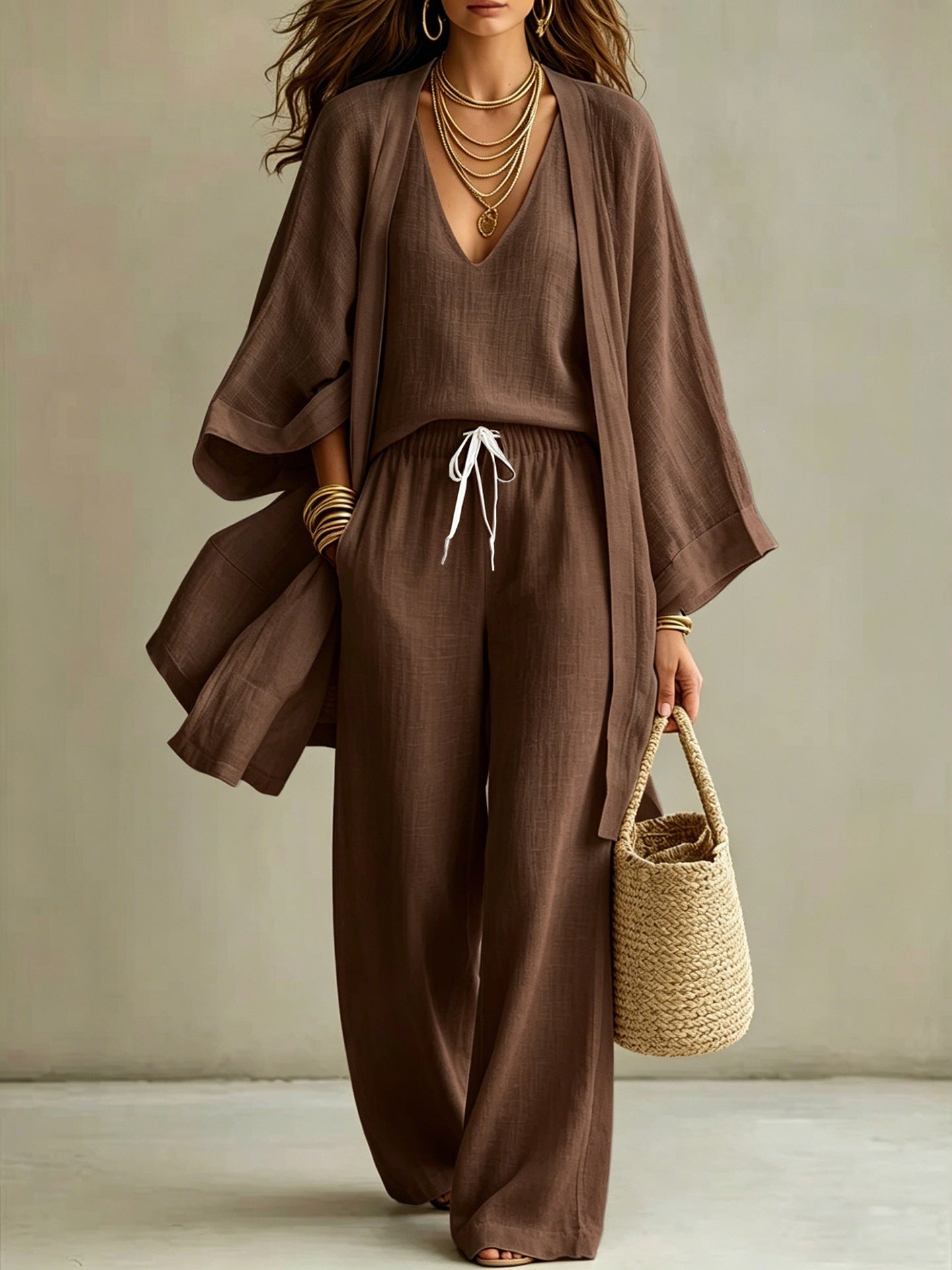 Women's 3-Piece Cardigan, Sleeveless Vest & Wide Leg Pants Set
