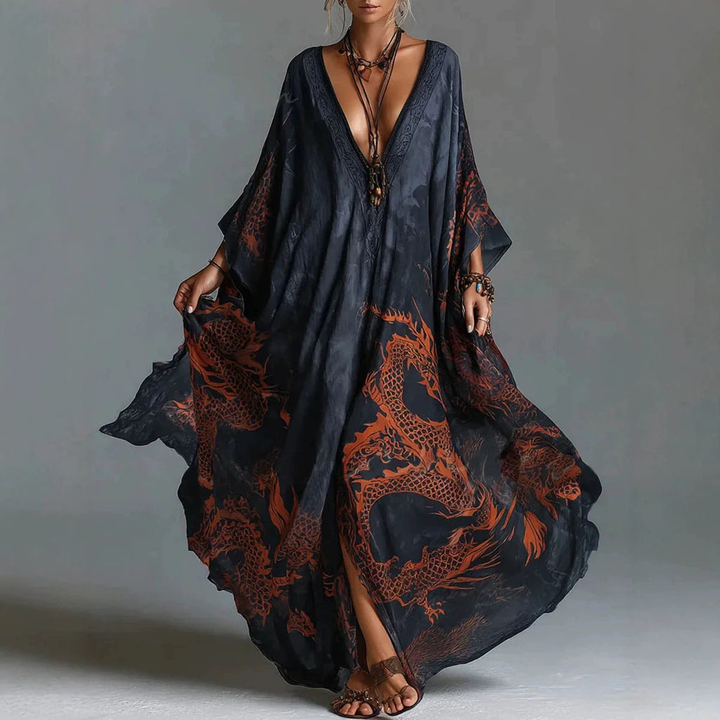 Women's Dragon Print Deep V-Neck Maxi Dress Beach Cover-Up