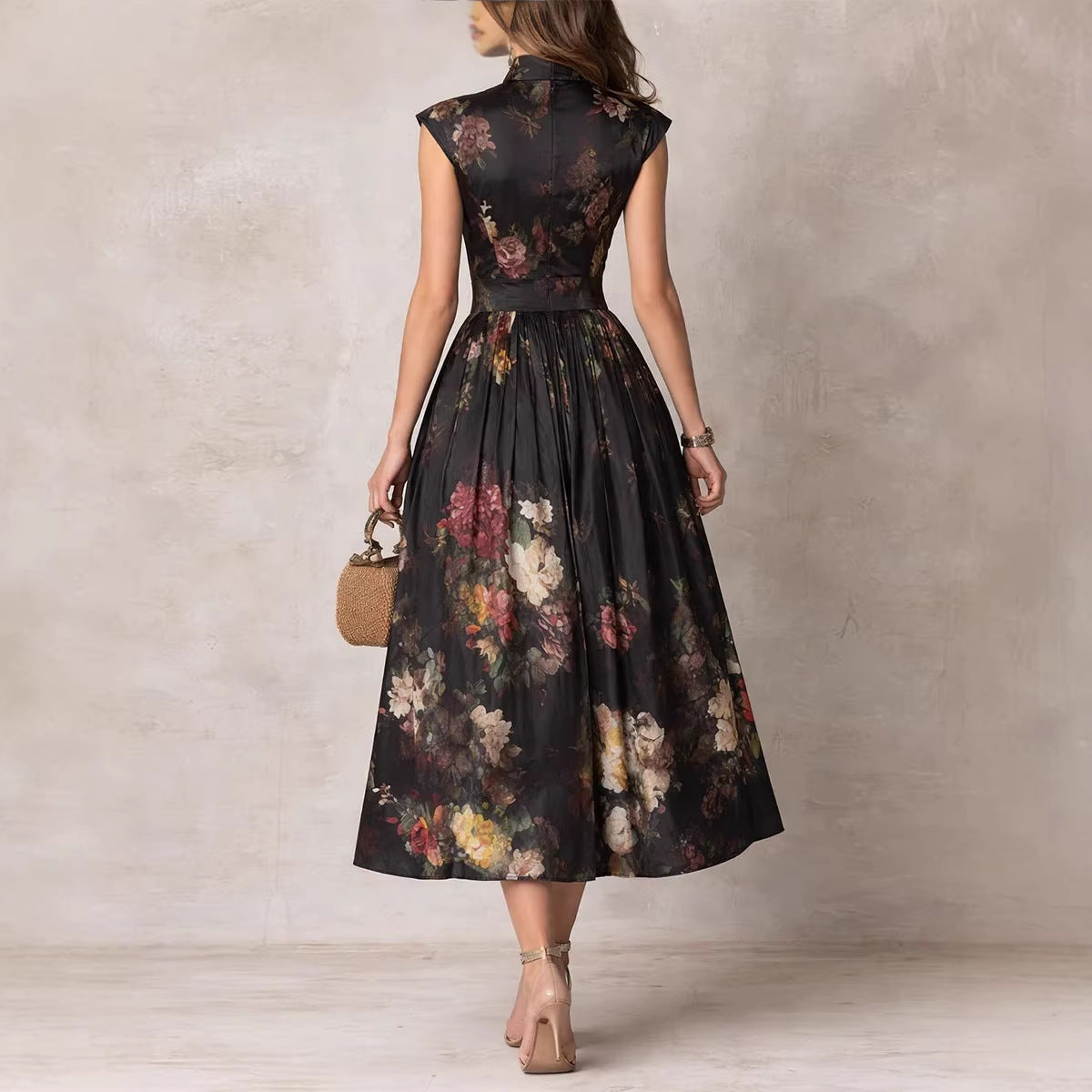 Black Digital Floral Print High-Waist Maxi Dress – Sleeveless Irregular Hem Long Dress