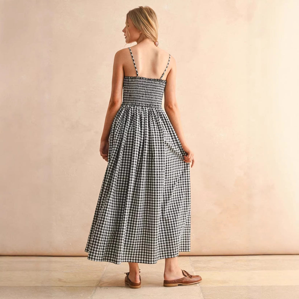 Women's Retro Plaid Sleeveless A-Line Maxi Dress – Fitted Waist Pleated Sundress