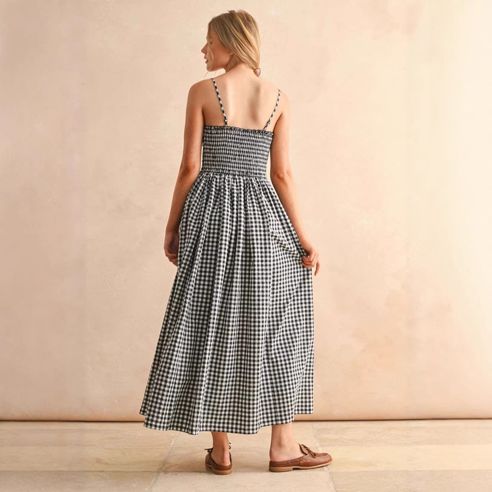 Women's Retro Plaid Sleeveless A-Line Maxi Dress – Fitted Waist Pleated Sundress