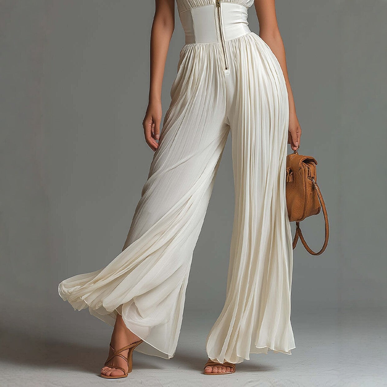 Pleated Wide-Leg Jumpsuit for Women – Sleeveless High-Waist Minimalist Long Jumpsuit
