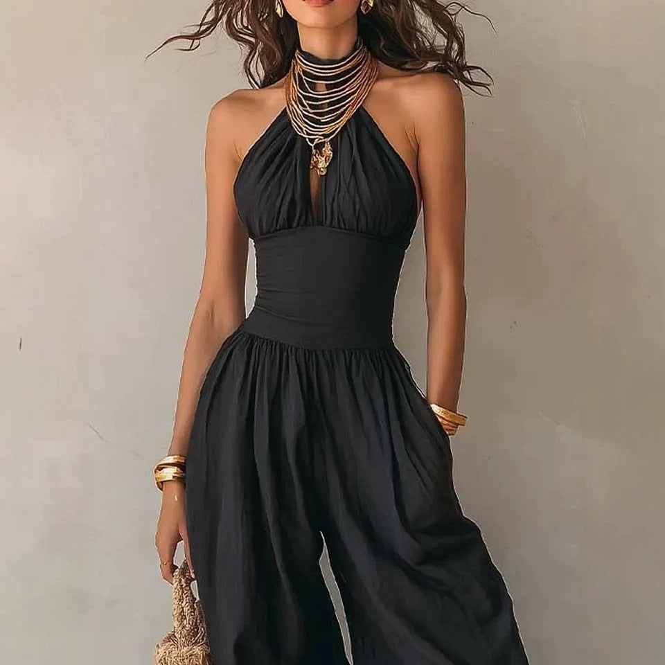 Women's Halter Neck Sleeveless Jumpsuit | Slim Casual Wide-Leg Jumpsuit in Black