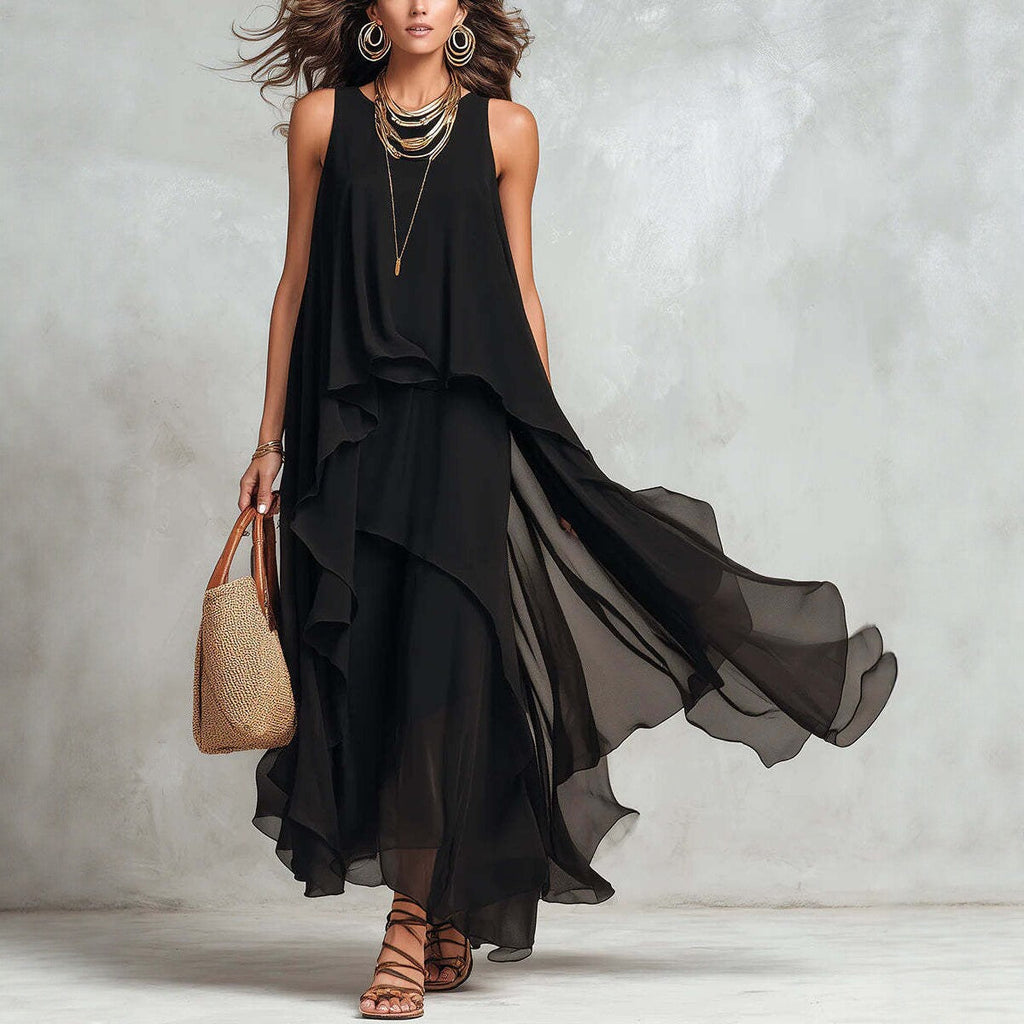 Black Asymmetrical Chiffon Maxi Dress – Flowy Sleeveless Boho A-Line Long Dress for Women