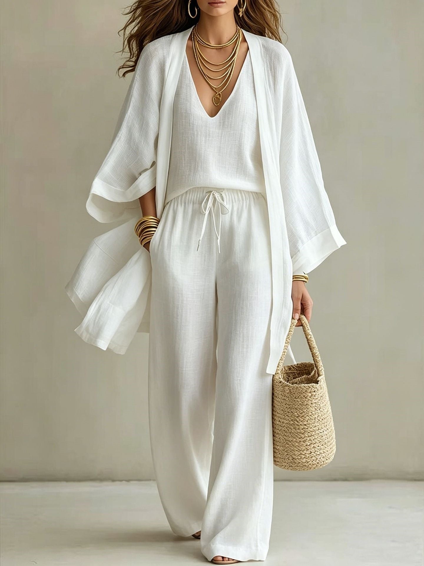 Women's 3-Piece Cardigan, Sleeveless Vest & Wide Leg Pants Set