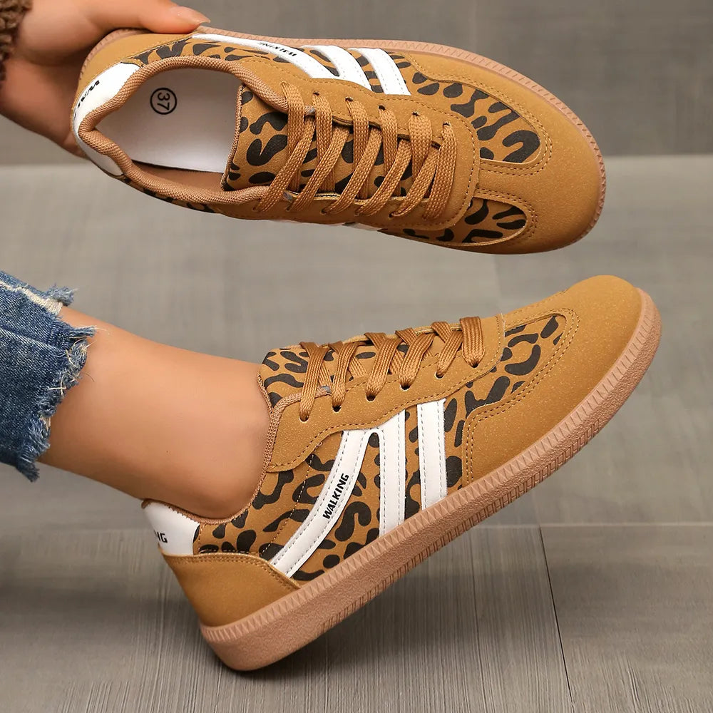 Leopard Print Round Toe Lace-Up Sneakers – PU Casual Flats