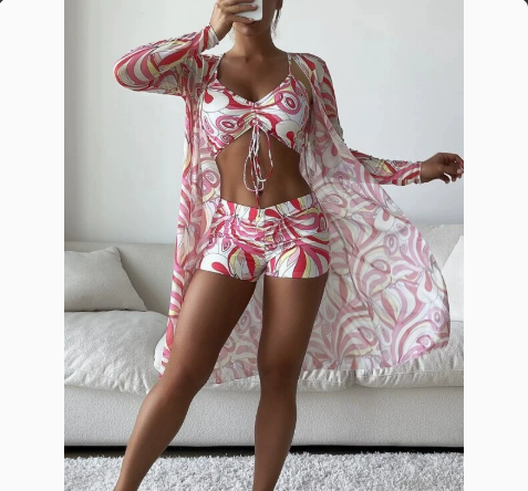 Mesh Cover-Up Three-Piece Swimwear Set – Bikini with Leg-Length Briefs