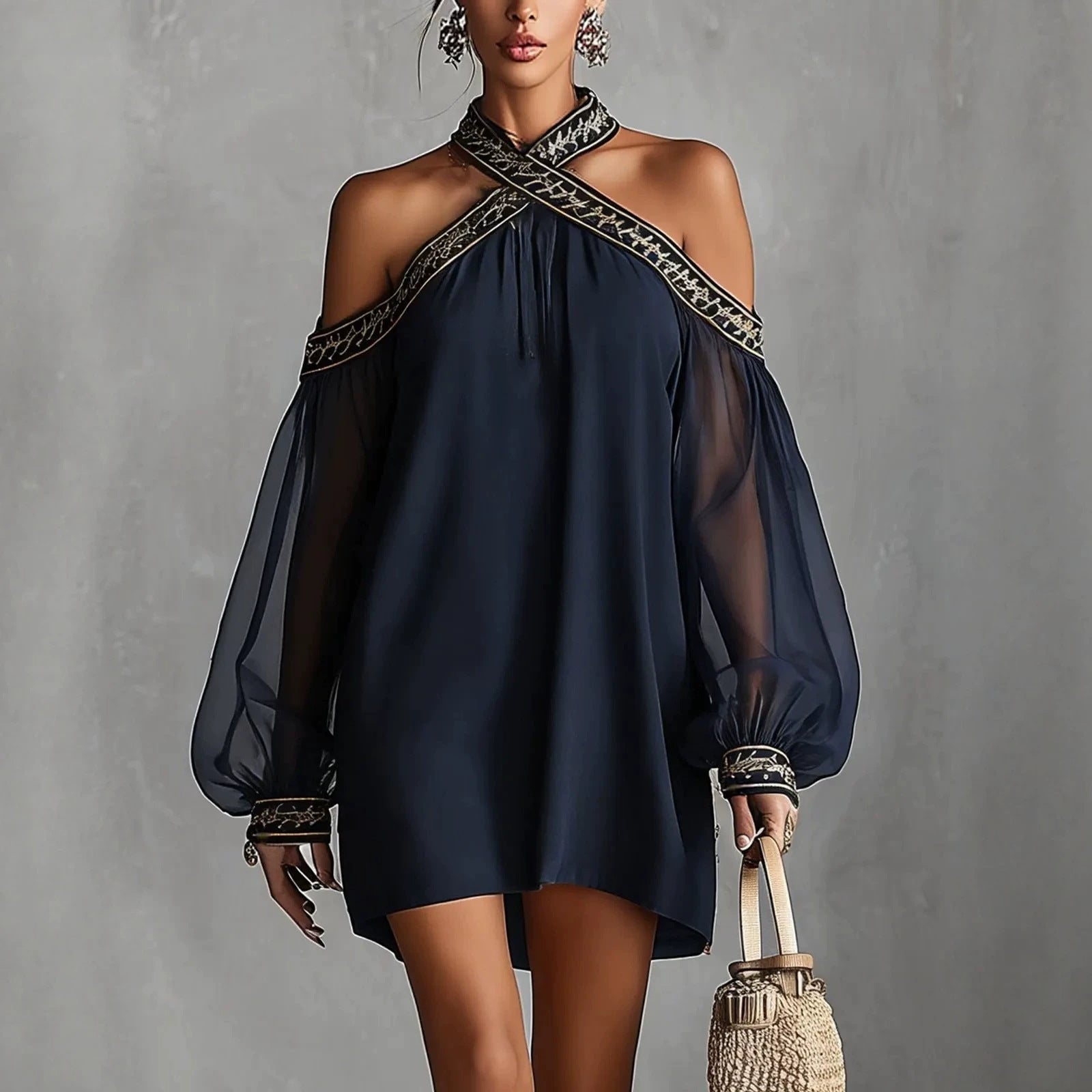 Women's Off-Shoulder Embroidered Mini Dress | Sheer Lantern Sleeve A-Line Resort Dress