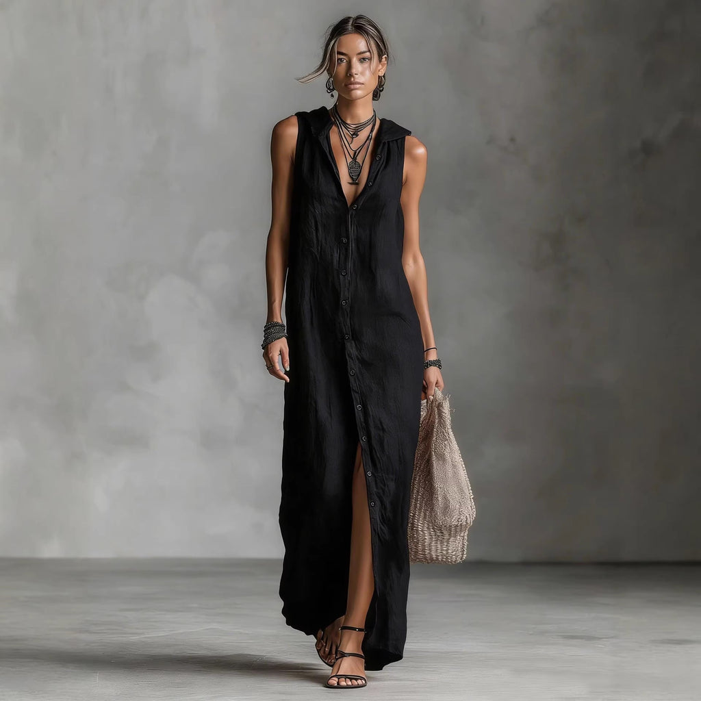 Women's Sleeveless Deep V-Neck Hooded Loose Maxi Dress – 6 Colors XS–3XL