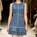 Women's Sleeveless Floral Print A-Line Mini Dress – Denim Blue Cotton Dress