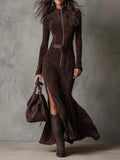 Women's Suede Velvet Zip-Front Fishtail Maxi Dress – Long Sleeve High Waist Mermaid Hem