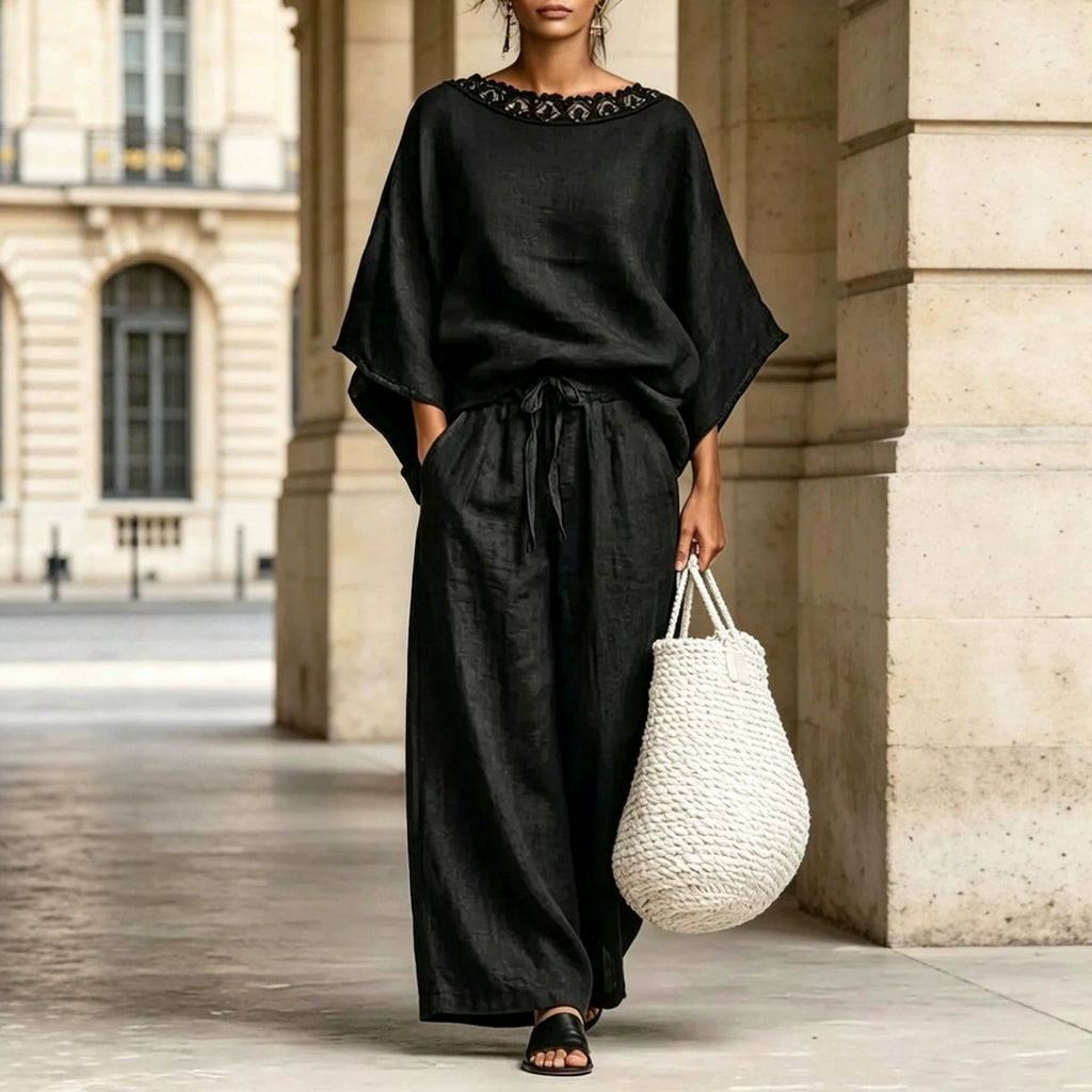 Women's Lace Trim Batwing Top & Wide-Leg Pants Two-Piece Set