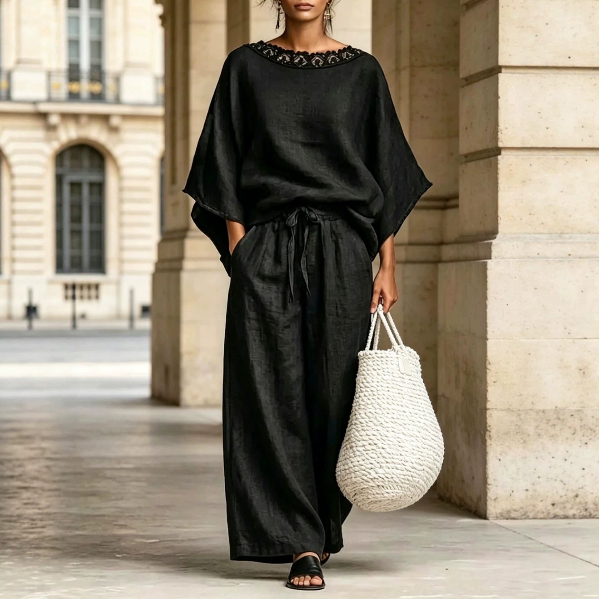Women's Lace Trim Batwing Top & Wide-Leg Pants Two-Piece Set