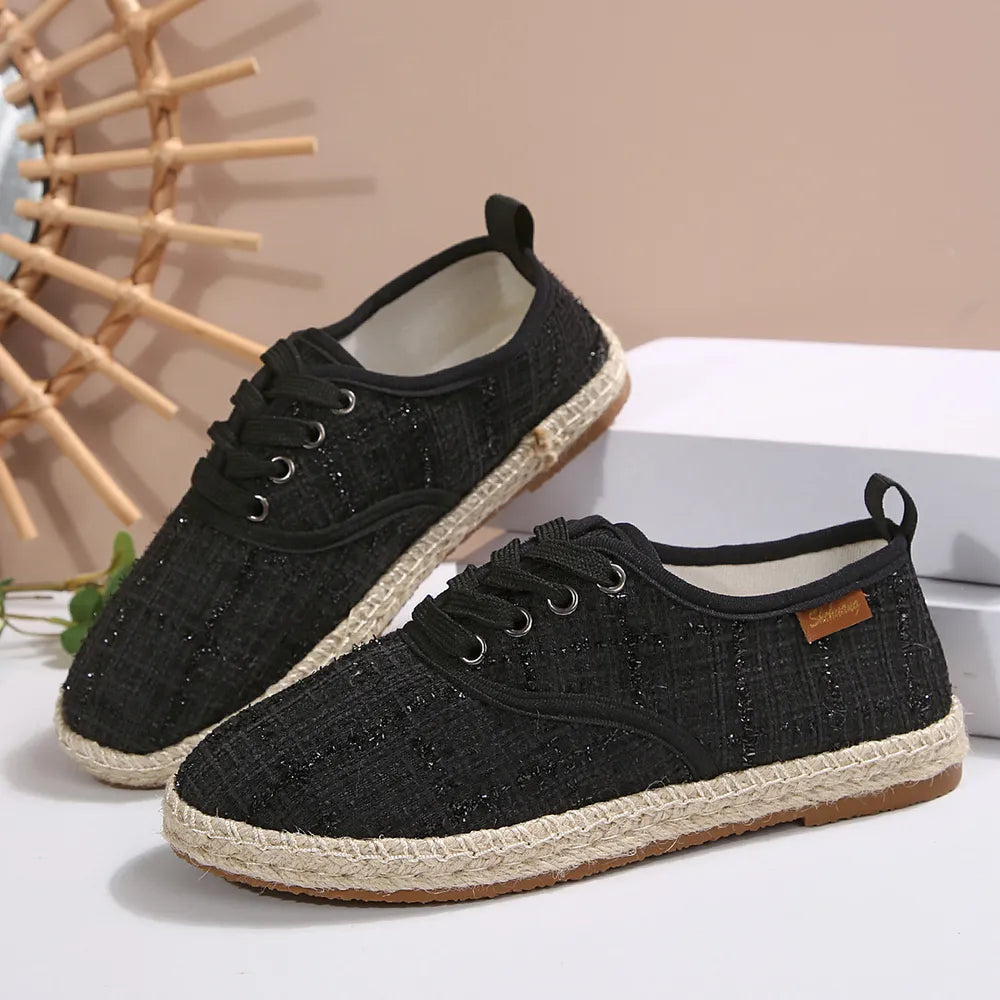 Tweed Lace-Up Round Toe Flat Sneakers – Canvas PU Casual