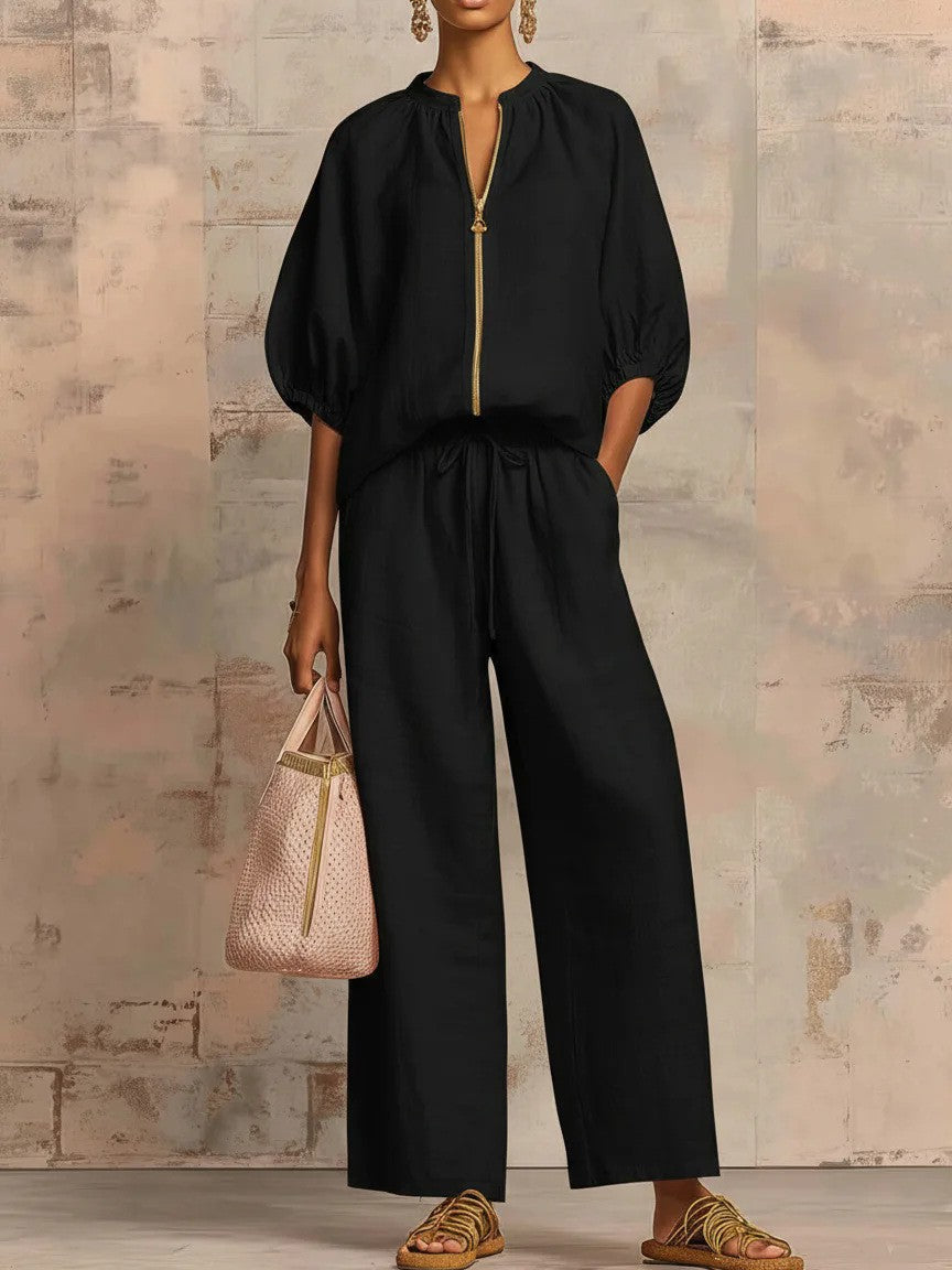Women's Casual Loose Zipper Round Neck Wide-Leg Pants Set