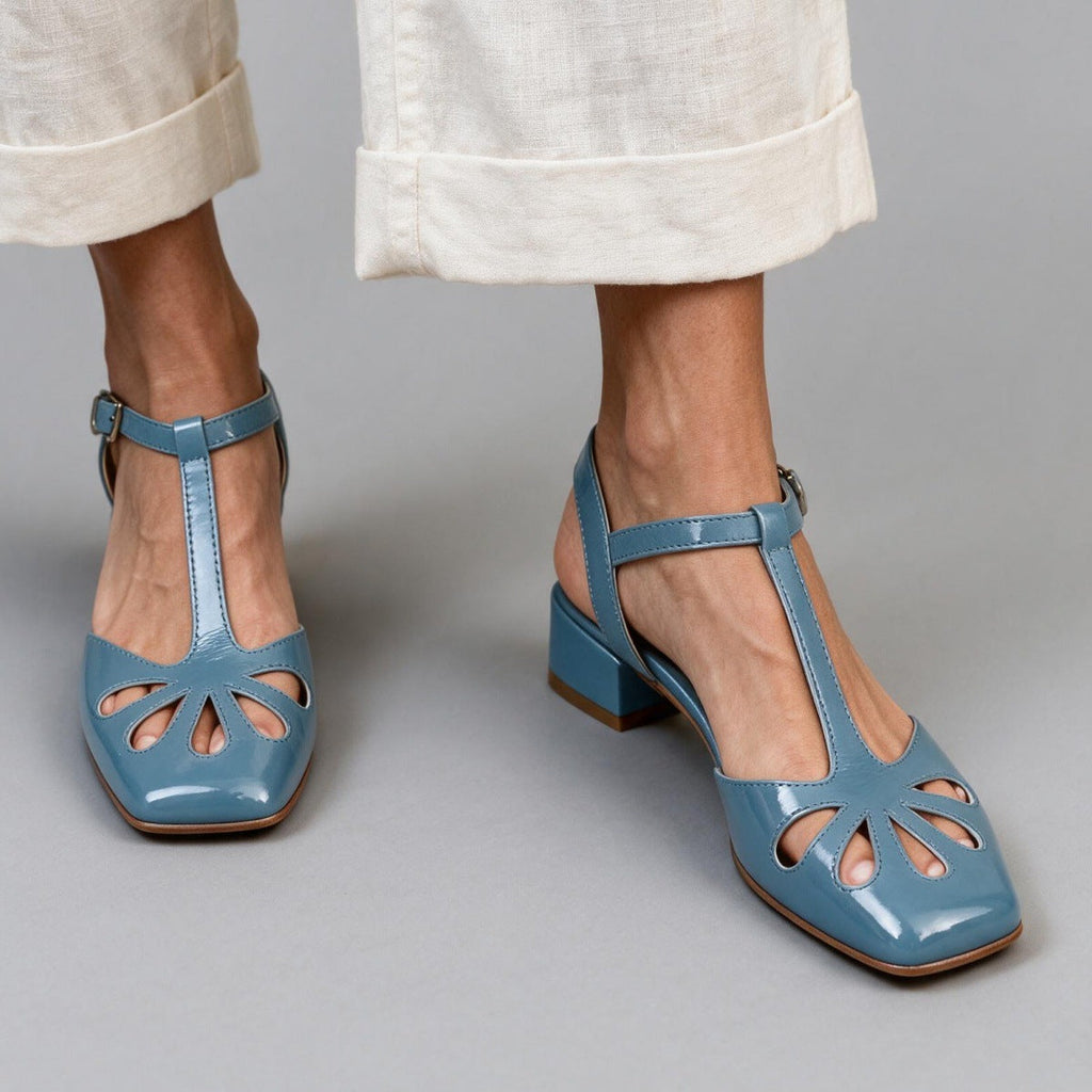 Women's Retro T-Strap Block Heel Sandals – Floral Cut-Out Square Toe