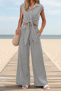 Women's Striped Button-Front Sleeveless Shirt & Wide-Leg Pants Set