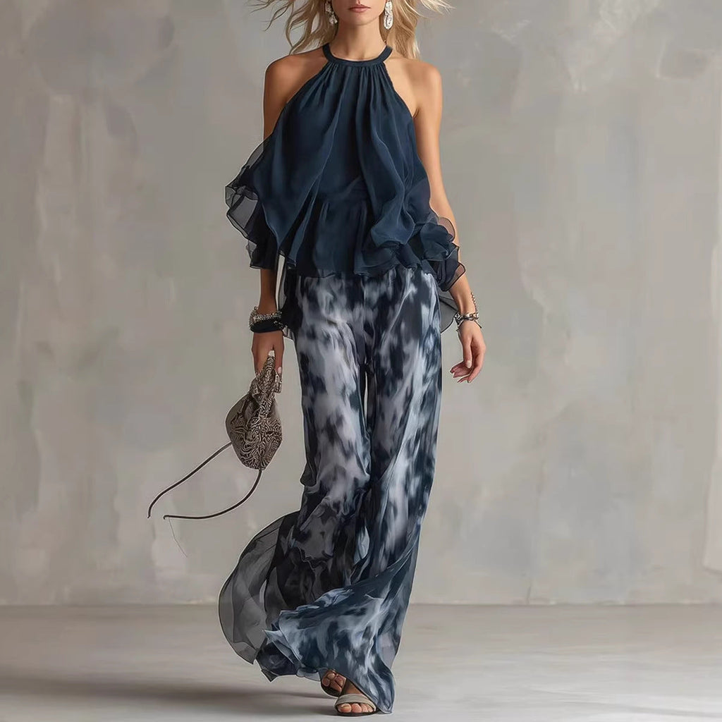 Women's Halter Neck Ruffle Chiffon Top & Tie-Dye Wide Leg Pants Set