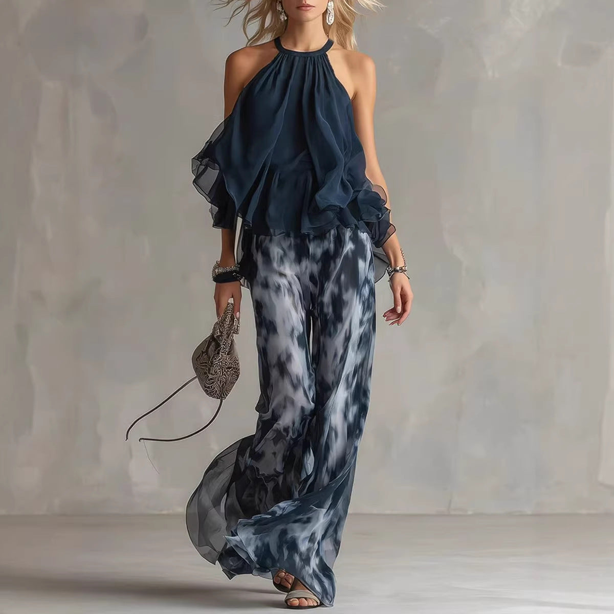 Women's Halter Neck Ruffle Chiffon Top & Tie-Dye Wide Leg Pants Set