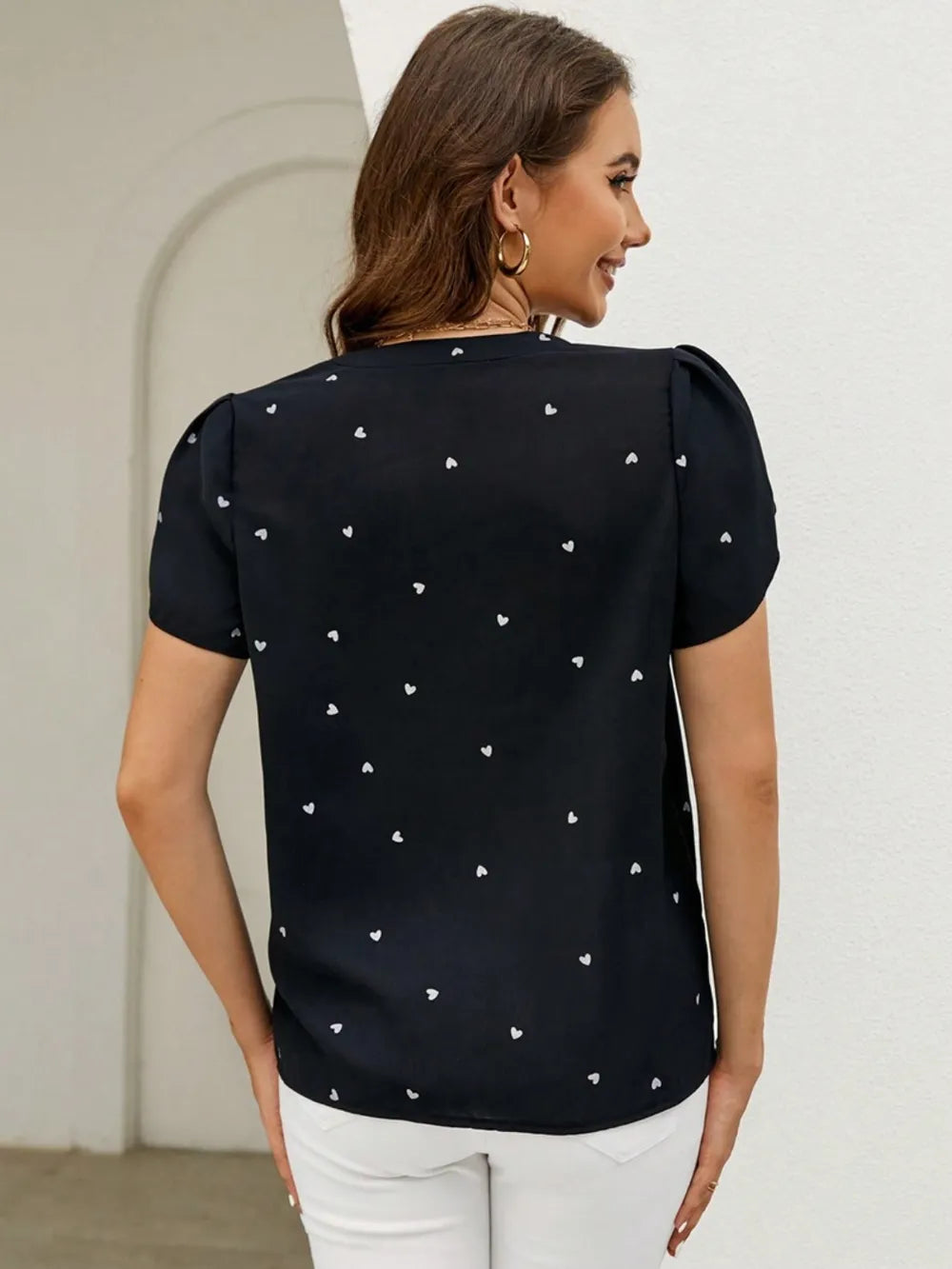 Women's V-Neck Heart Print Blouse – Petal Sleeve Pleated Front Elegant Top