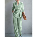 Women's Belted Blazer Wrap Top & Wide-Leg Trousers Suit Set