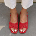Women's Red Suede Cross-Strap Mid Heel Sandals – Square Toe Slingback