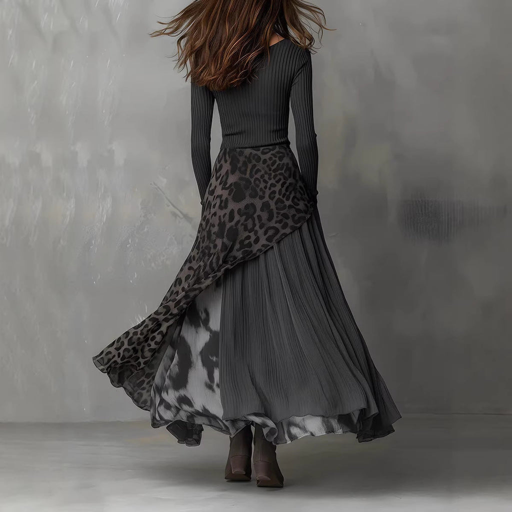 Women's Leopard Print Ribbed Knit Maxi Dress – Long Sleeve High Waist Full Skirt