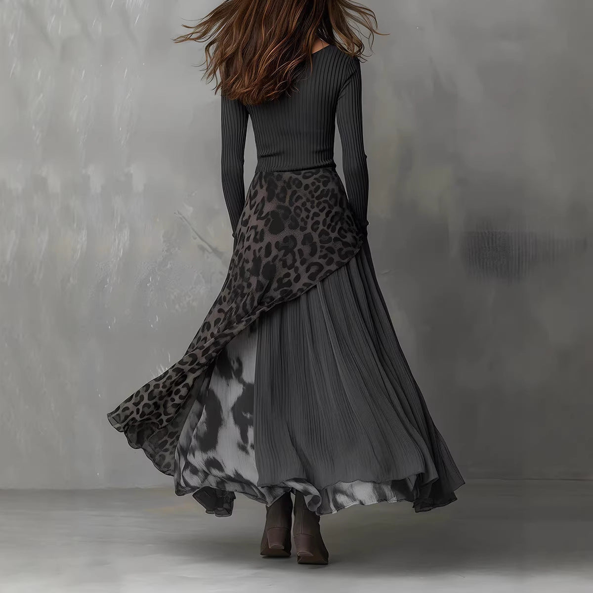 Women's Leopard Print Ribbed Knit Maxi Dress – Long Sleeve High Waist Full Skirt