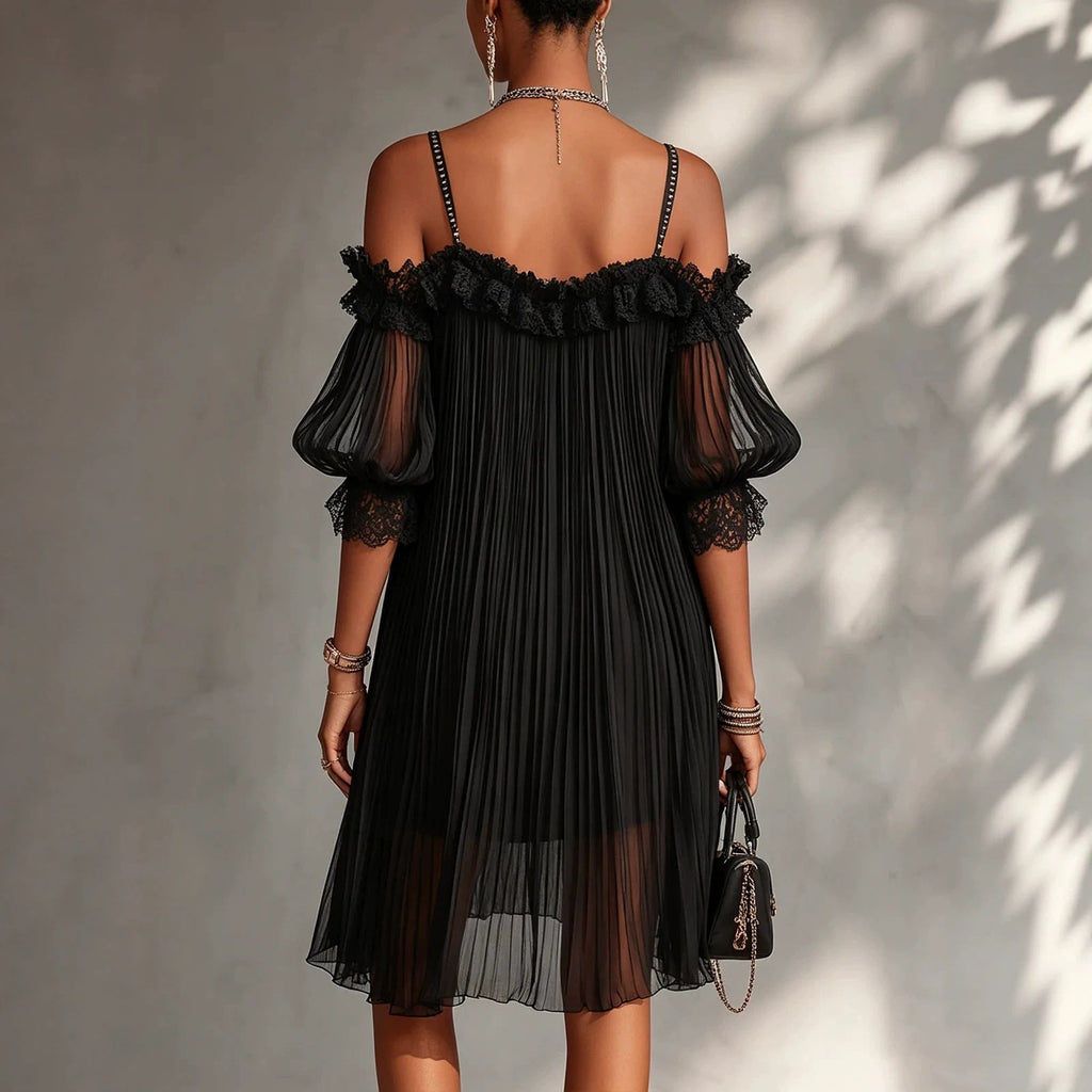 Women's Sexy Sheer Lace Spliced Strap Backless Irregular Mini Dress – Black