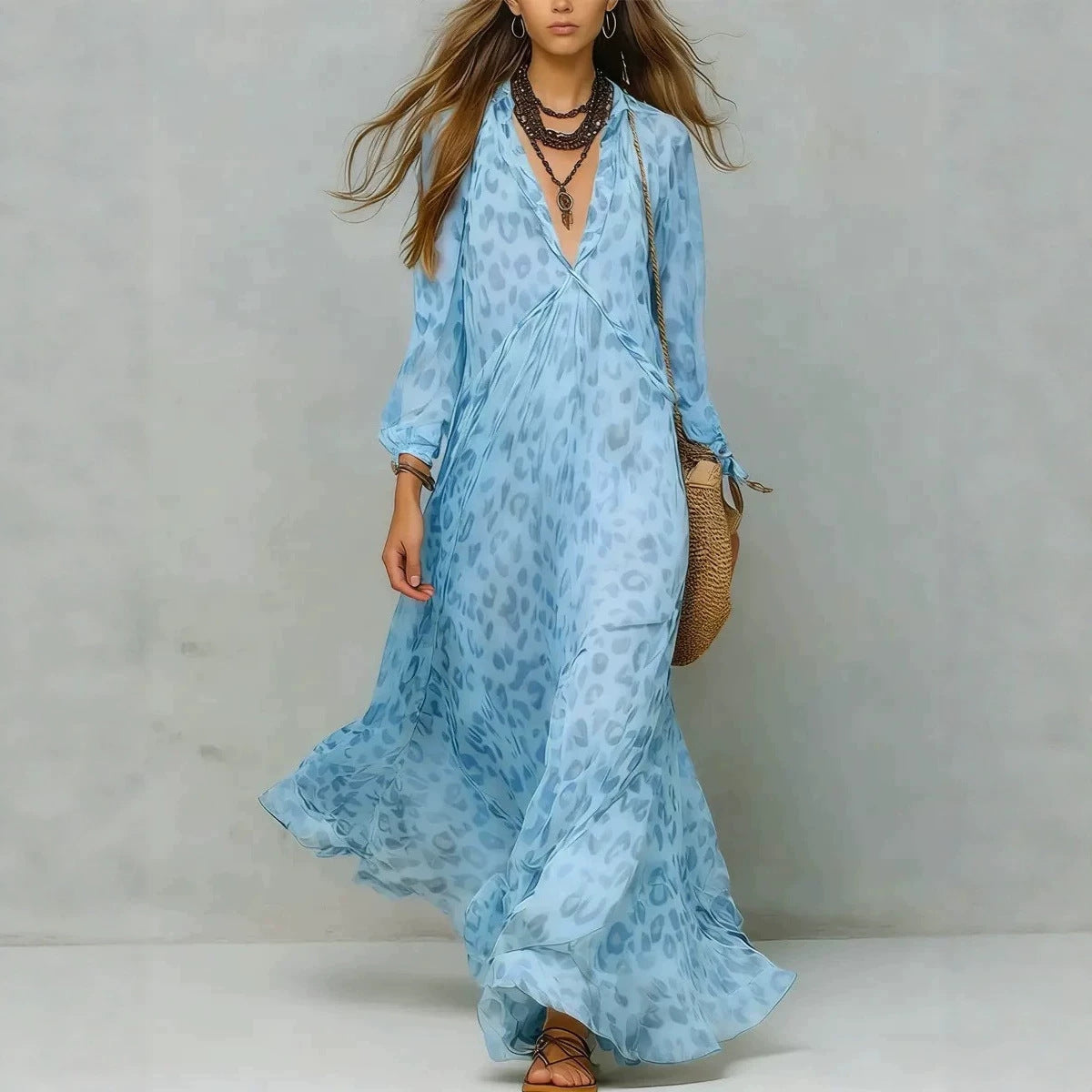 Women's Leopard Print Chiffon Deep V-Neck Flared Maxi Dress | Three-Quarter Sleeve Beach Vacation Dress