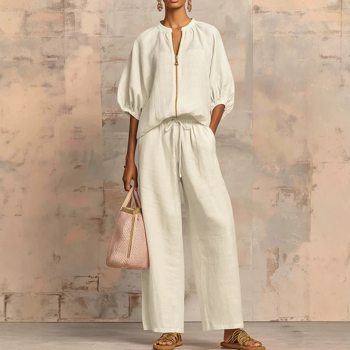 Women's Casual Loose Zipper Round Neck Wide-Leg Pants Set