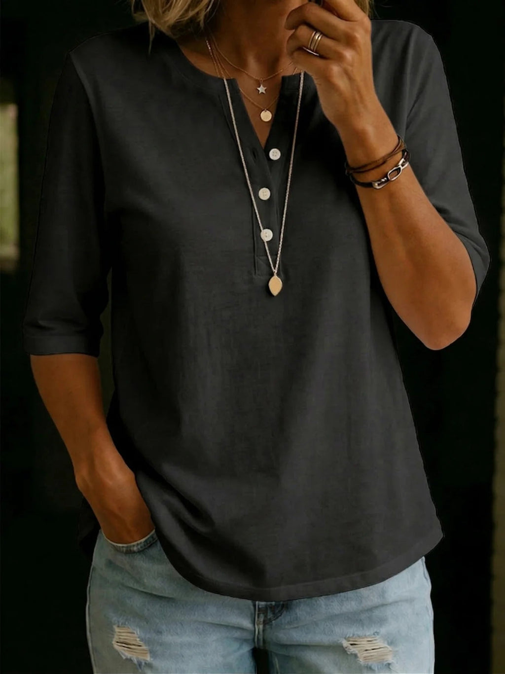 Women's Solid Color Henley Button-Up Short Sleeve Top
