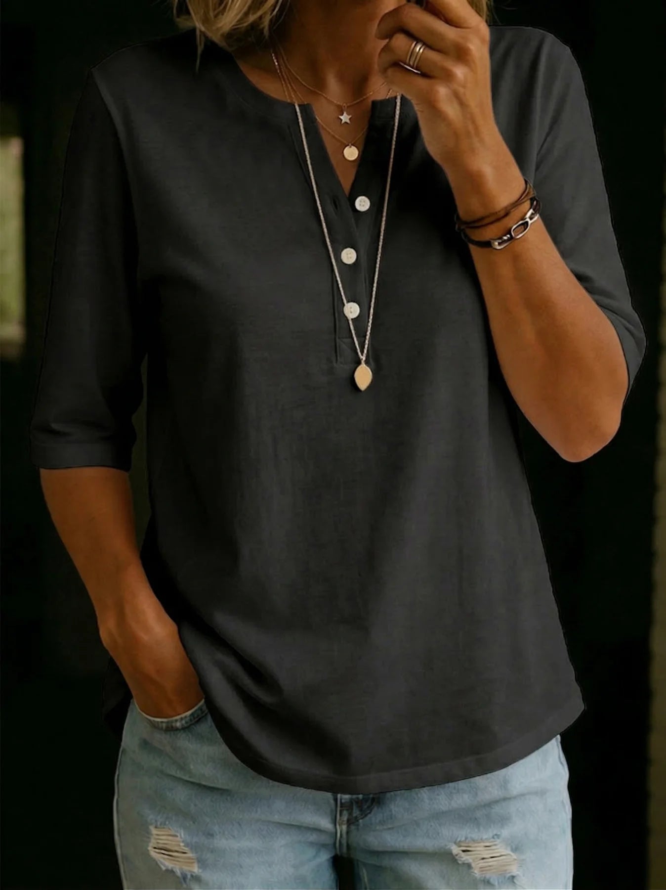 Women's Solid Color Henley Button-Up Short Sleeve Top