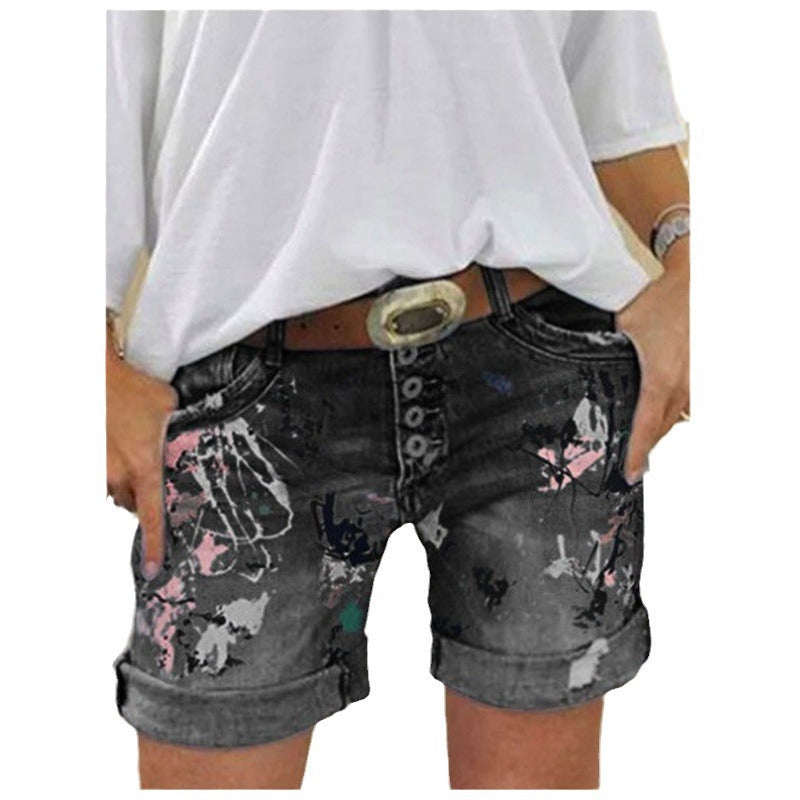 Women's High-Waist Printed Elastic Denim Shorts with Button Closure