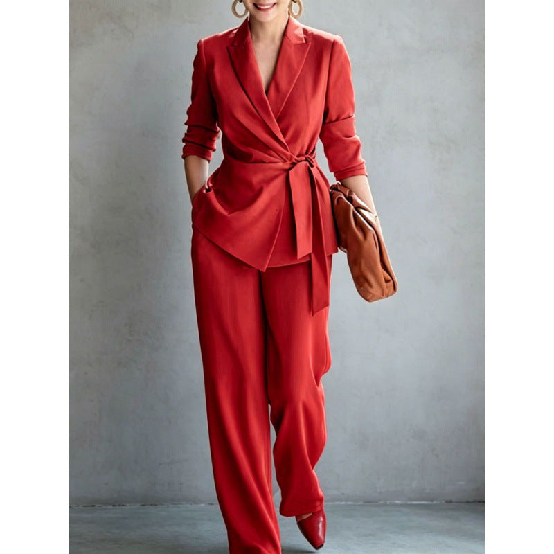 Women's Belted Blazer Wrap Top & Wide-Leg Trousers Suit Set