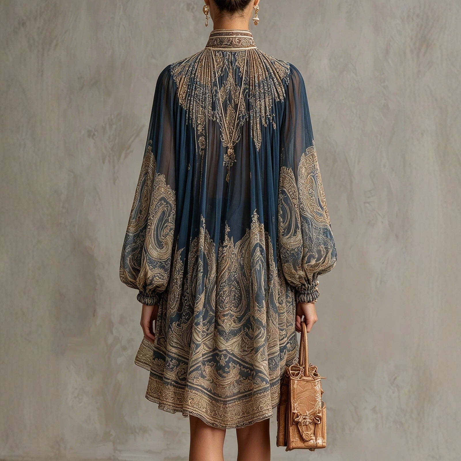 Navy Blue Printed Puff Sleeve Stand Collar Dress – Loose Boho Asymmetric Hem Dress for Women